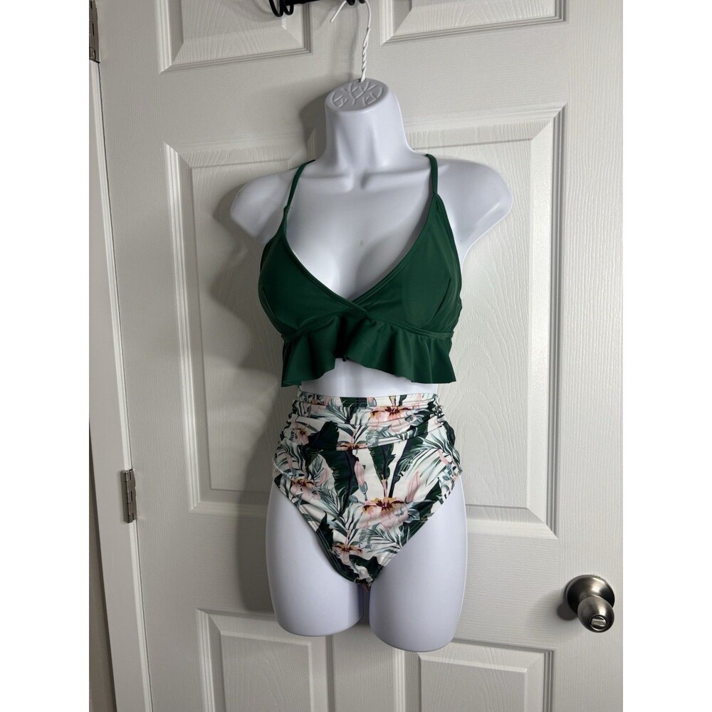 Green Ruffle Bikini Set Size M Floral High Waisted Bottoms Adjustable Straps
